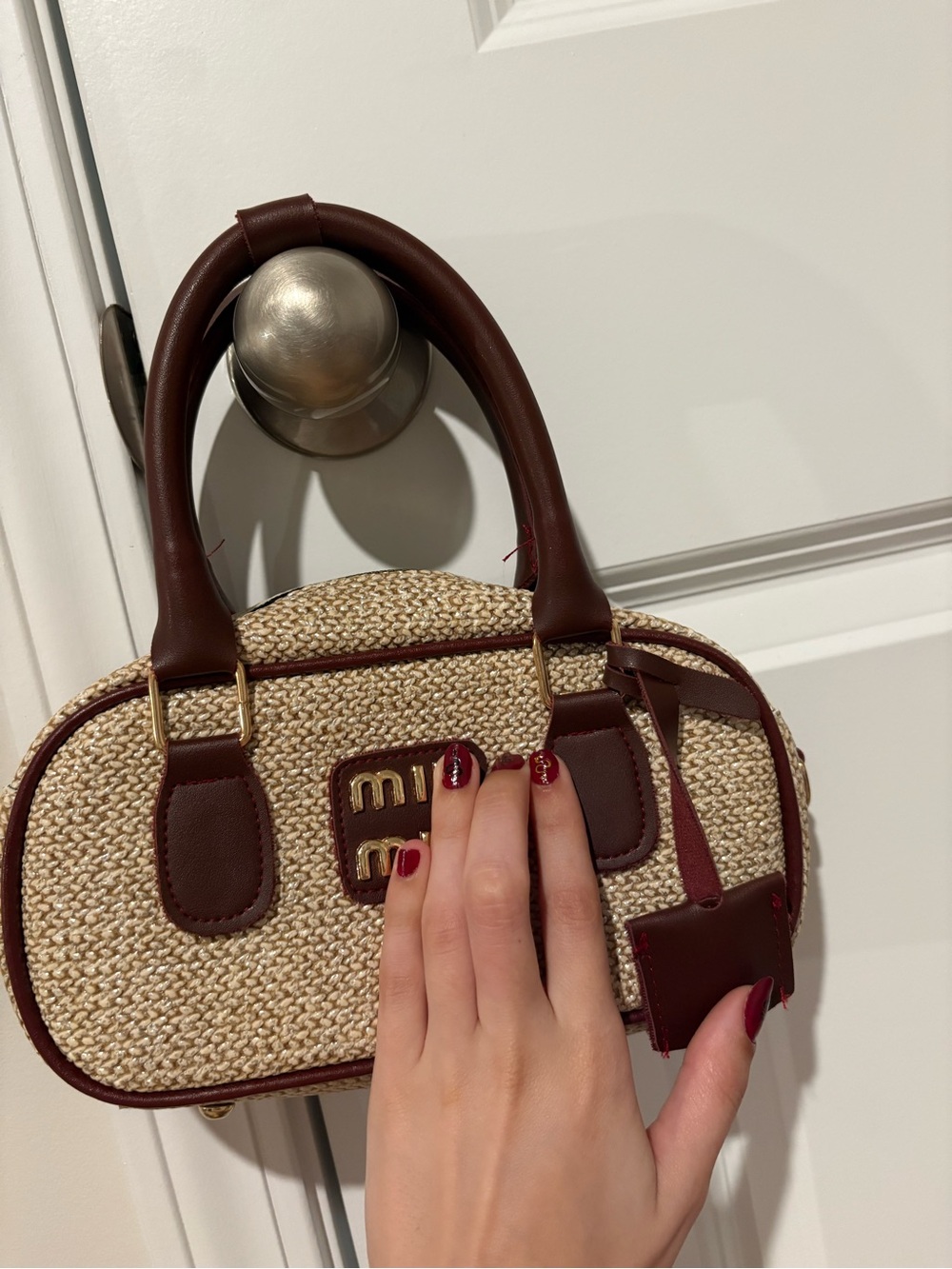 Miu Miu Beige Straw Mini Satchel with Burgundy Leather Trim